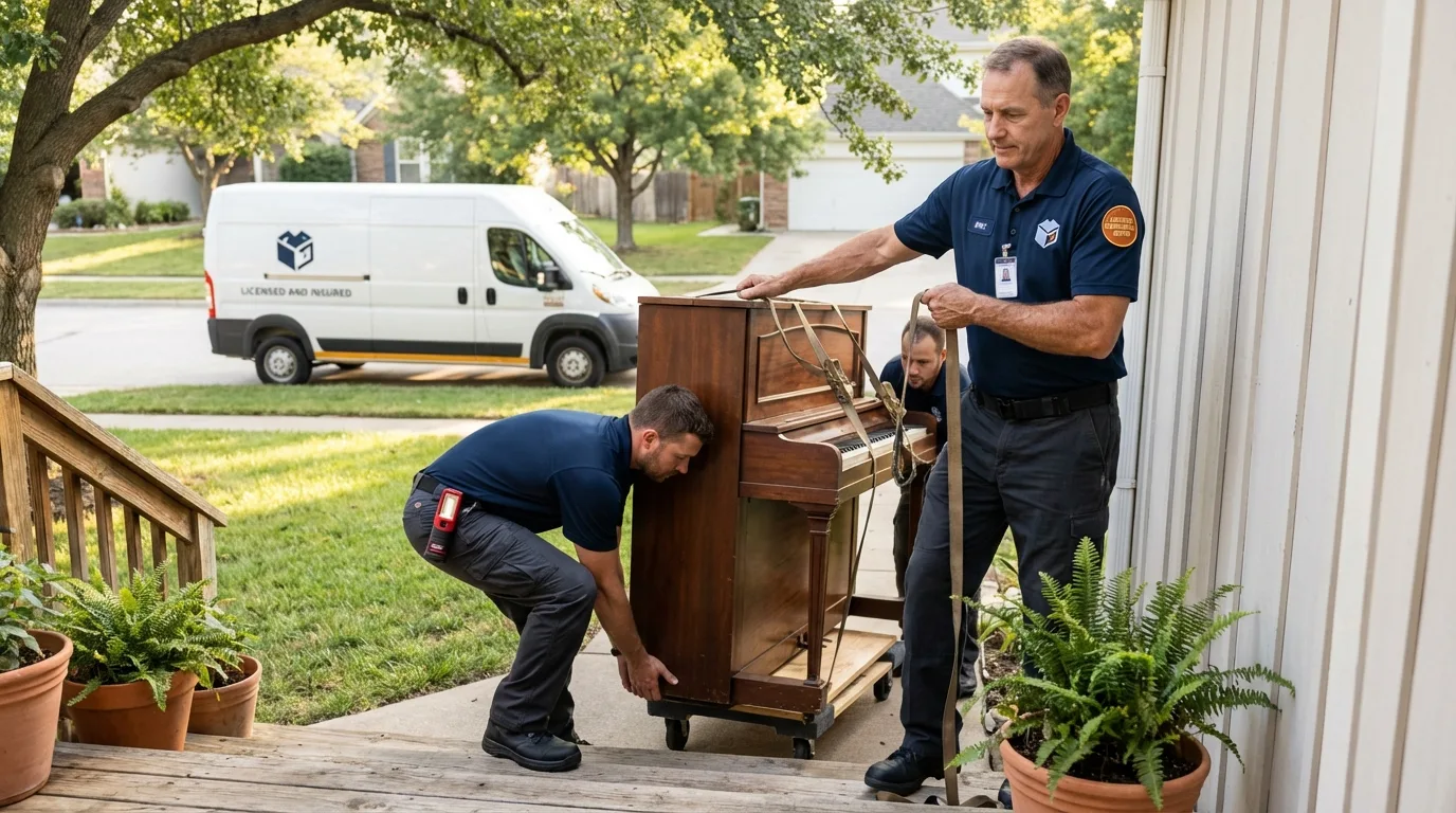 Licensed piano movers securing grand piano in Folcroft, PA