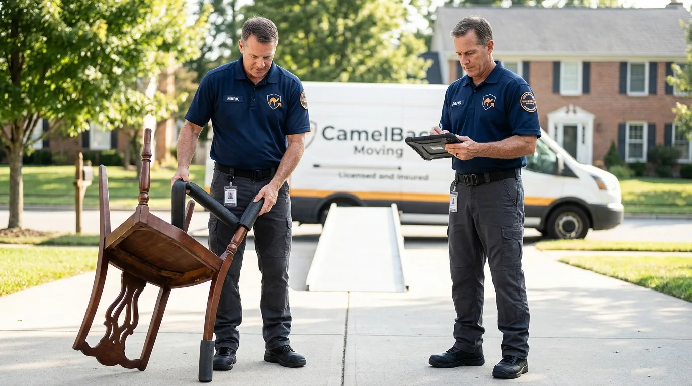 Movers inspecting furniture for damage prevention before loading in Folcroft, PA