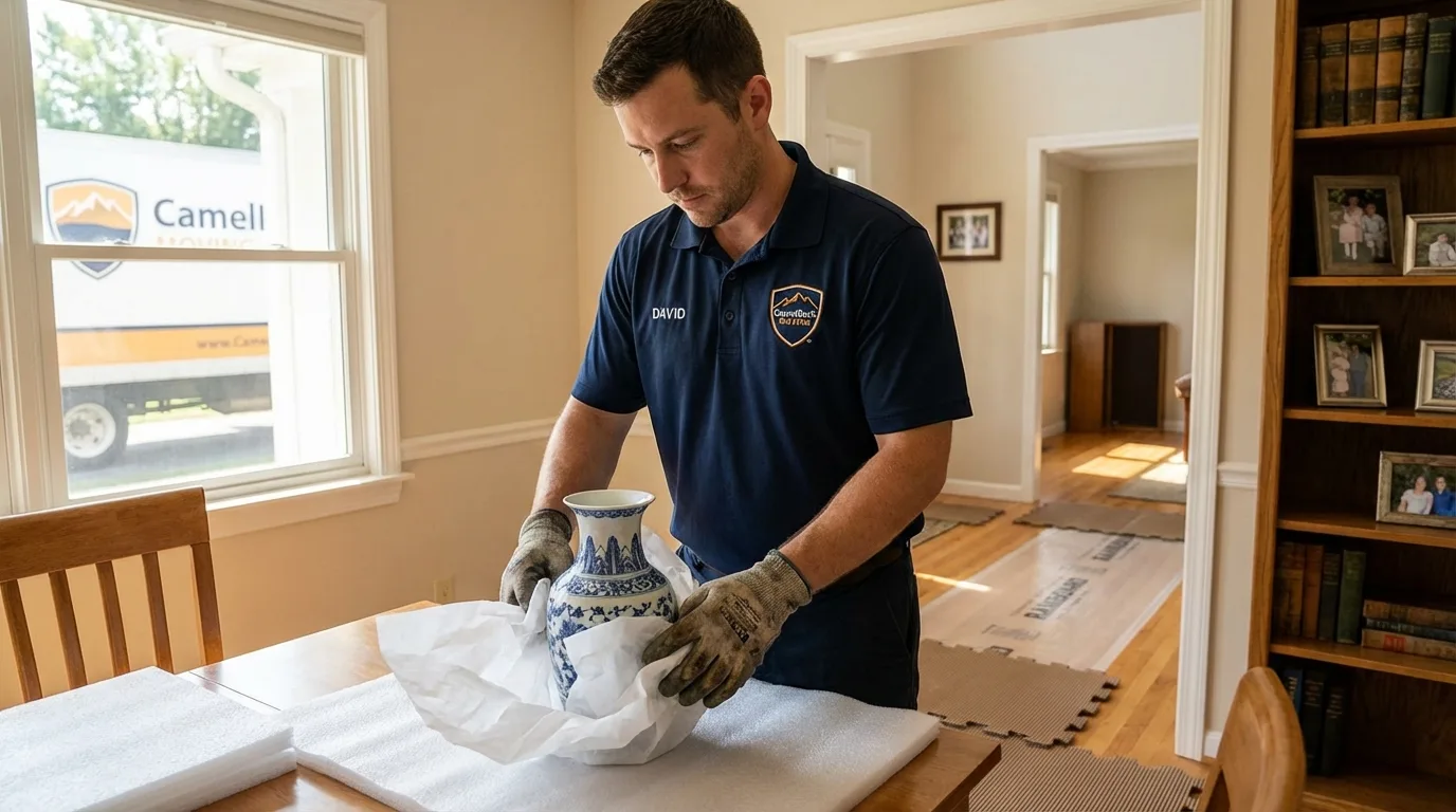 Professional crew carefully wrapping antique vase for senior downsizing move in Folcroft, PA